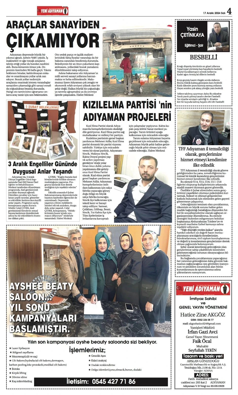 17 Aralık Salı - Yeni Adıyaman Gazetesi